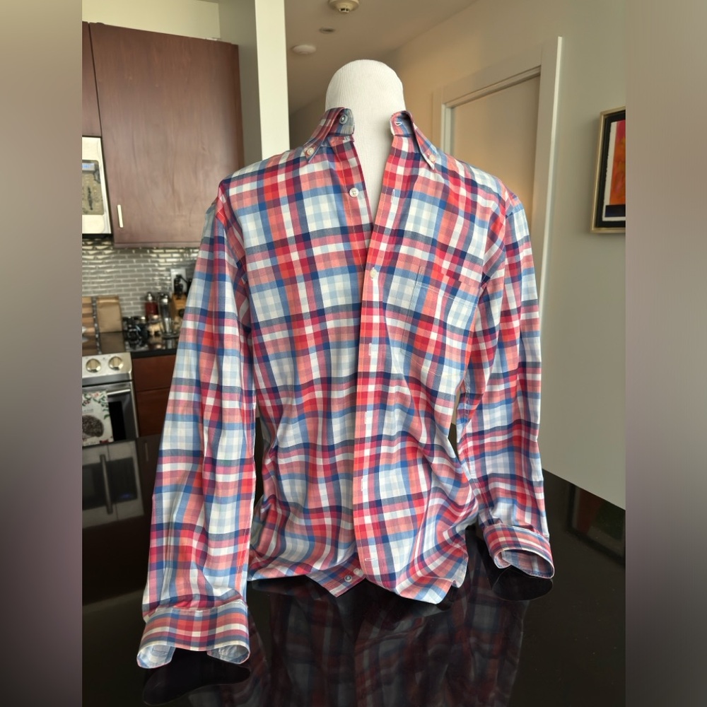 Tailorbyrd Red, White, and Blue Plaid Long Sleeve Shirt | Medium